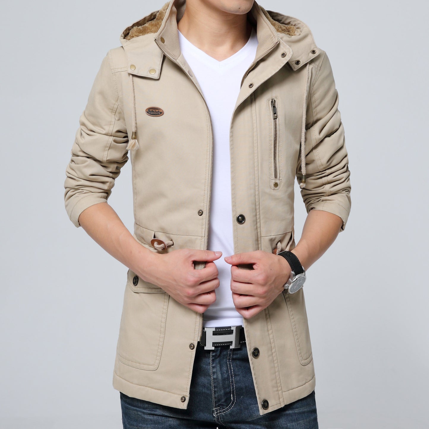 Autumn and winter new men's plus velvet trench coat