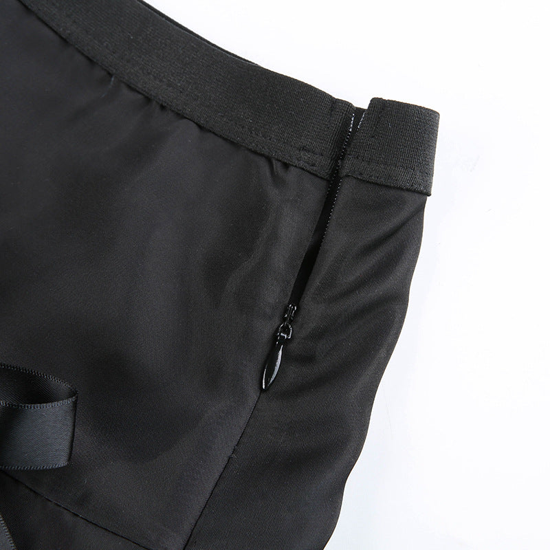 Dark Street Style Lace Stitching Bow Pleated Skirt