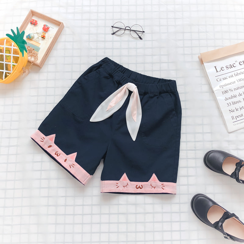 Embroidered bow tie elastic waist casual shorts