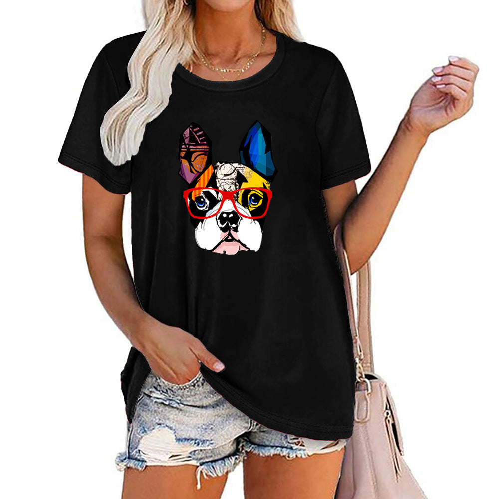 New European And American Dog Print Top With Glasses Short Sleeve