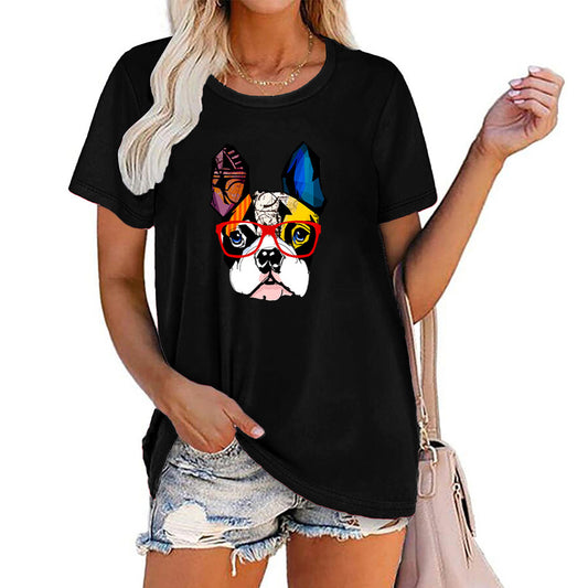 New European And American Dog Print Top With Glasses Short Sleeve