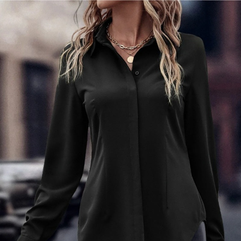 Dobbeltdørs Satin Revers Langærmet Top Pendlingsstil Slim-fit Dametøj