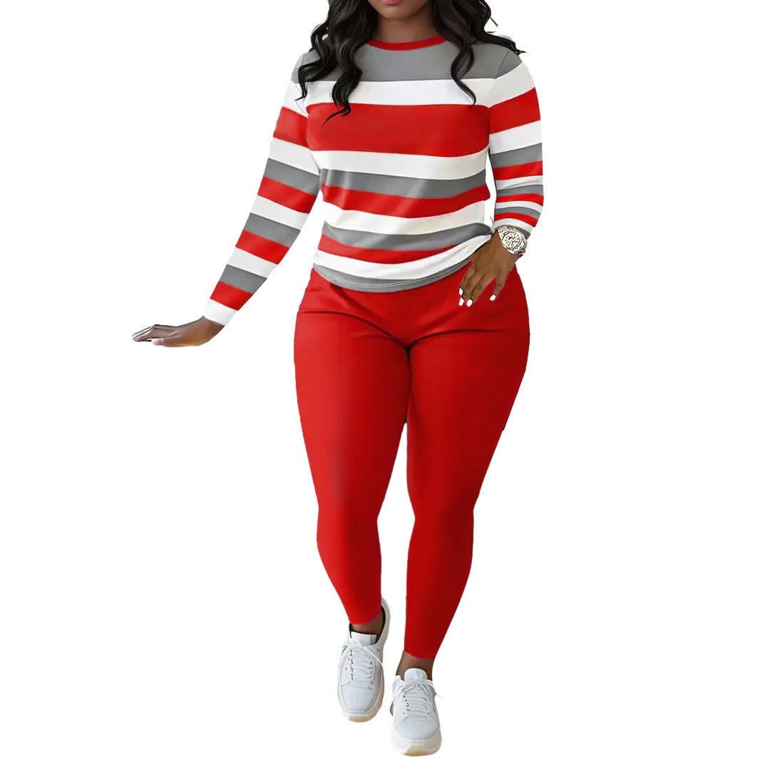Stylish Striped Print Crew-neck Long-sleeve Pants Set