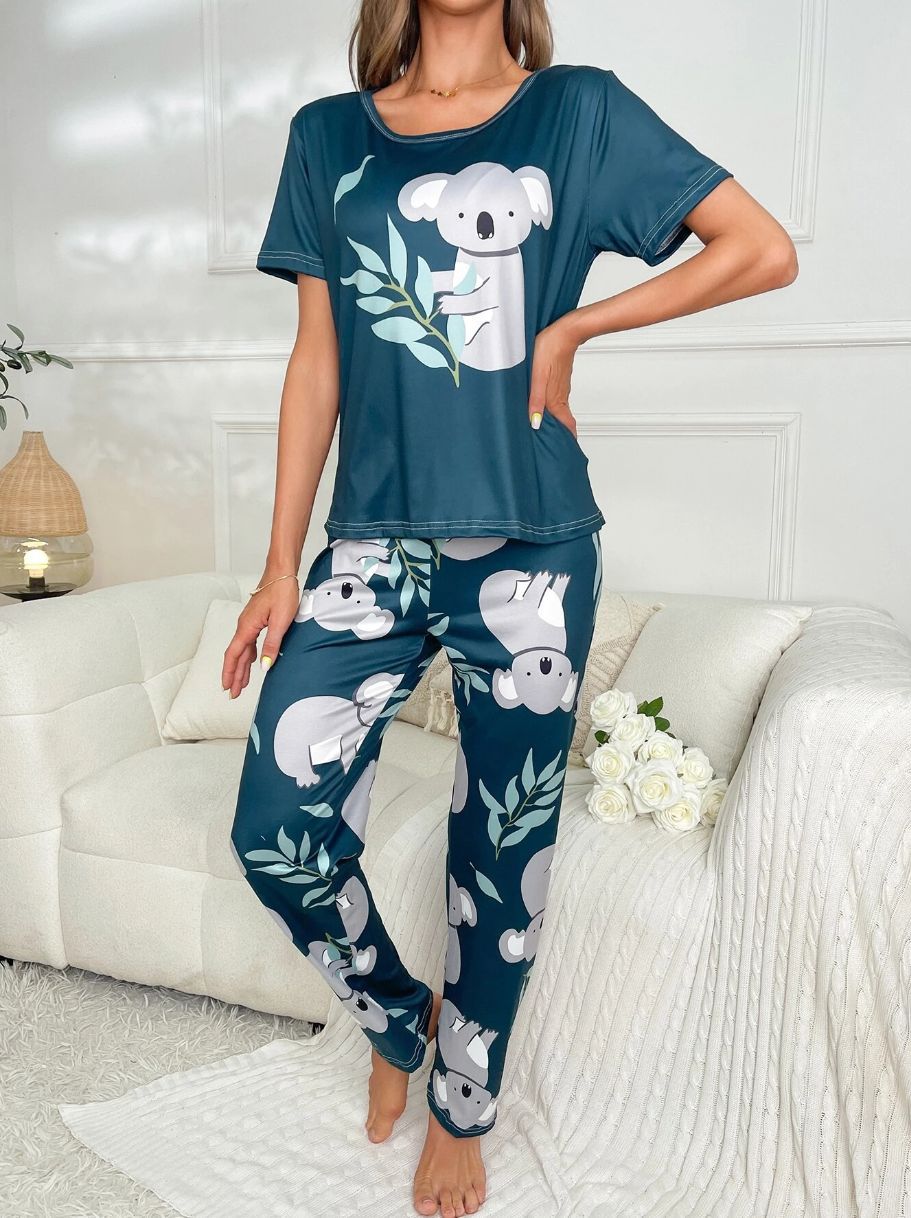 Home Round Neck Printed Short Sleeve T-shirt Top And Trousers Suit