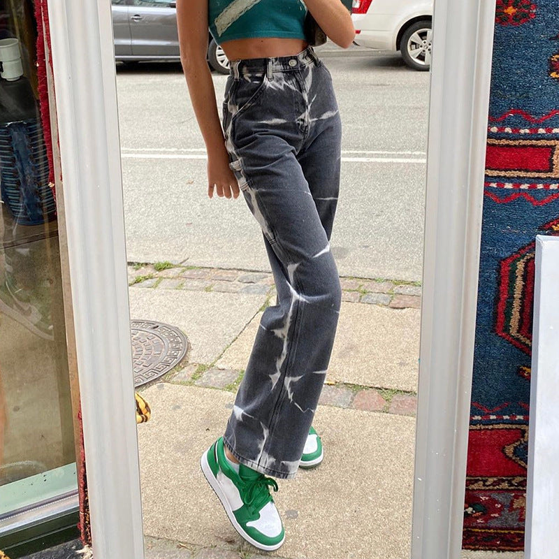 Women's Personality Tie-Dye High Waist Slim Straight-Leg Jeans