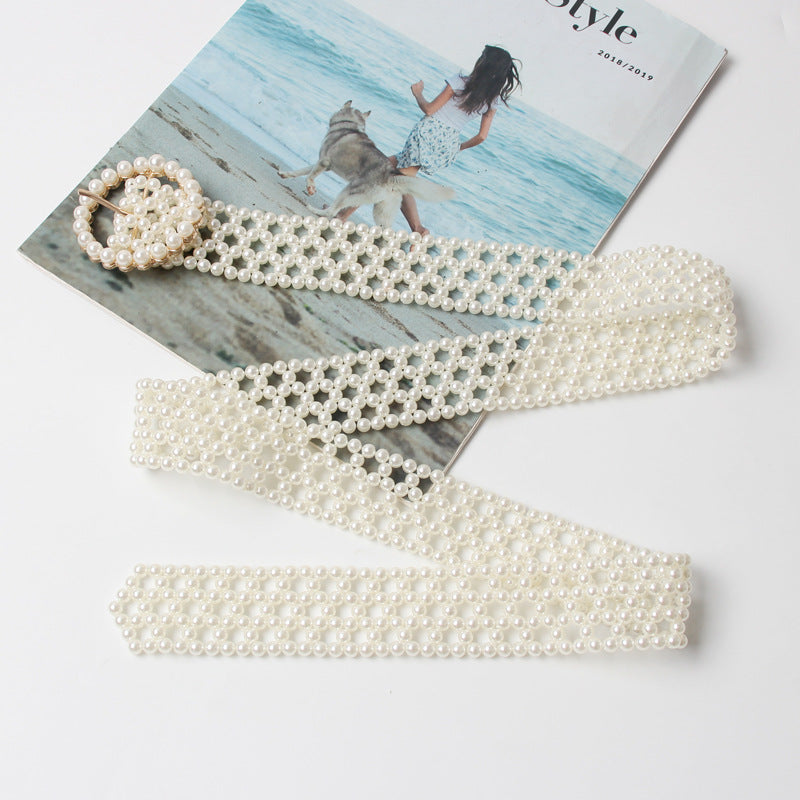 Hand openwork braided pearl belt