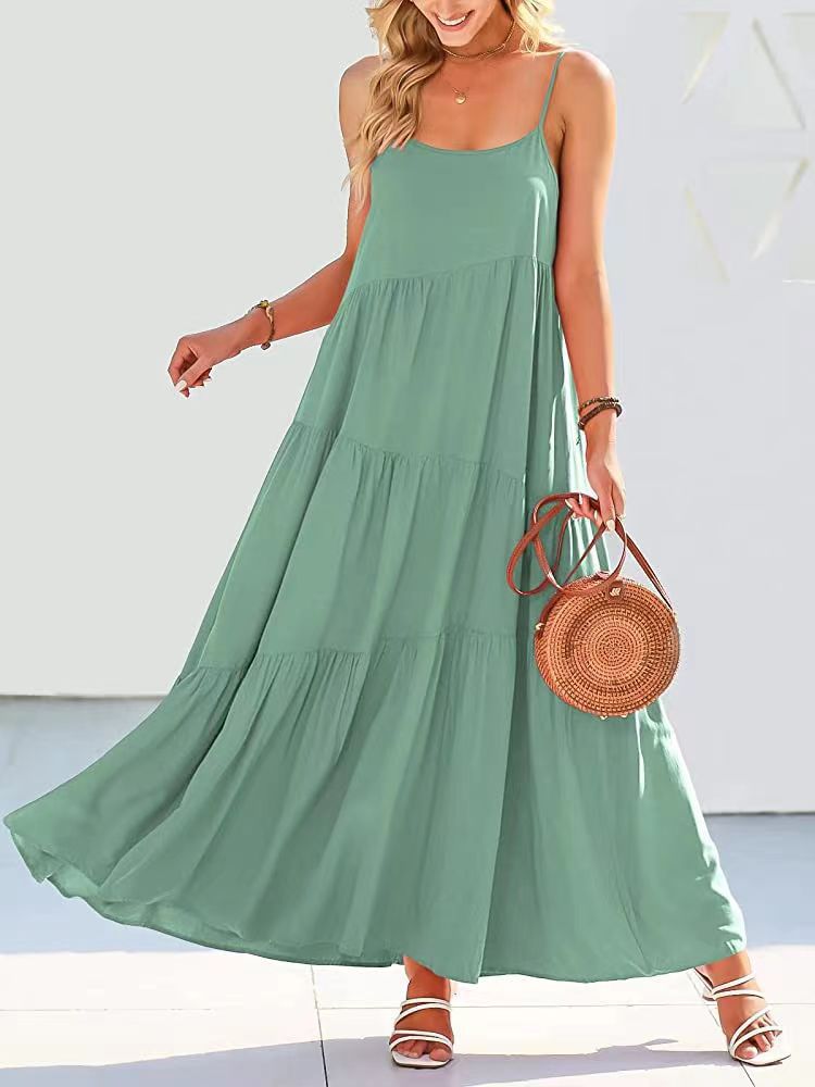 Womens Loose Casual Pleated Irregular Dress Beach Slip Maxi Dress
