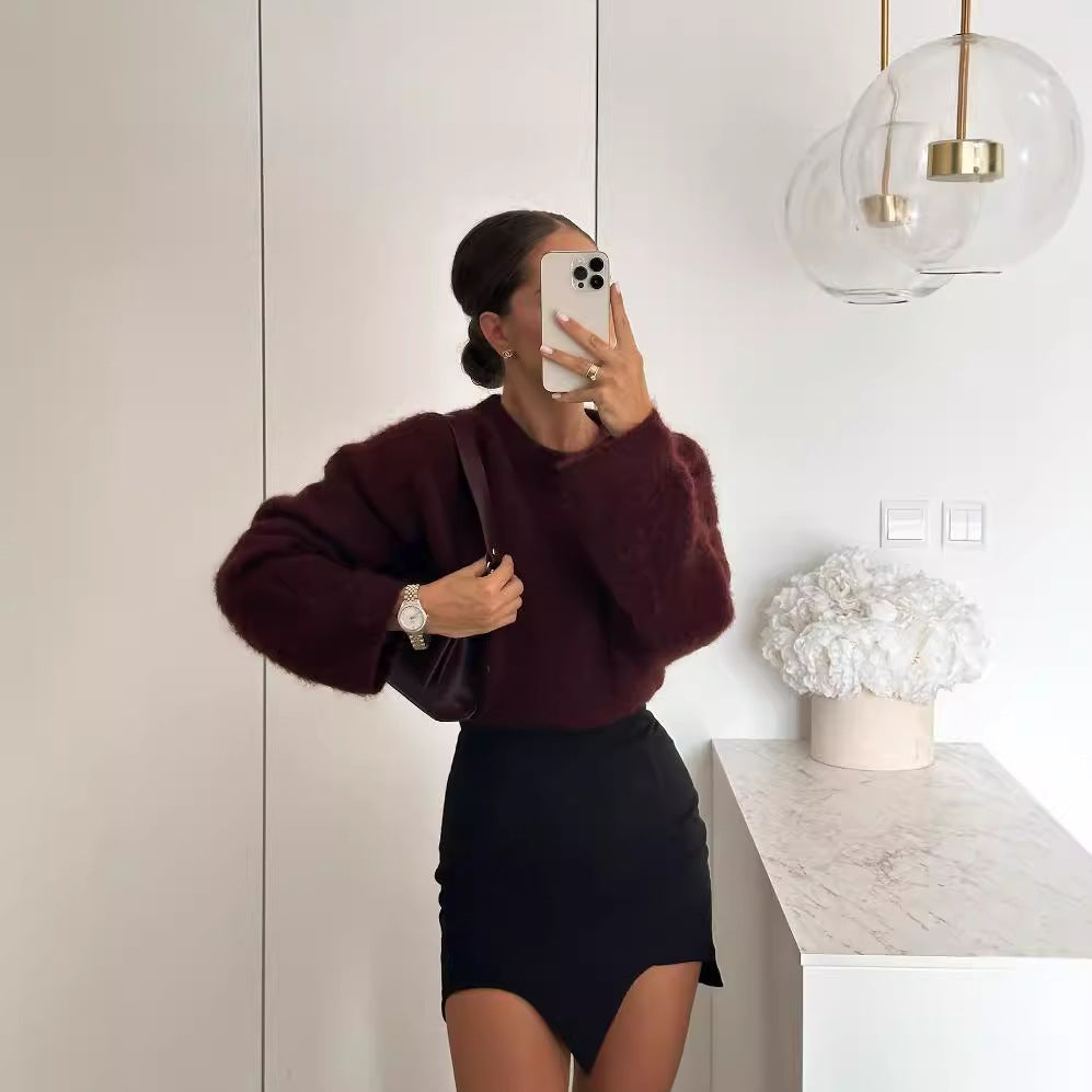 Burgundy Long Sleeve Napping Crew Neck Pullover Sweater