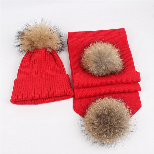 Outdoor warm raccoon fur ball wool hat scarf set