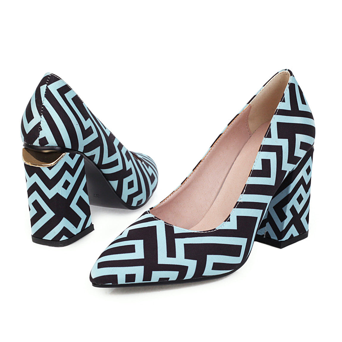 Printed Single Shoes with Light Pointed Toes and Thick Heels