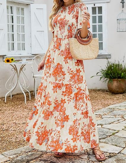 Women's Short-Sleeve Crew-Neck Bohemian Beach Dress
