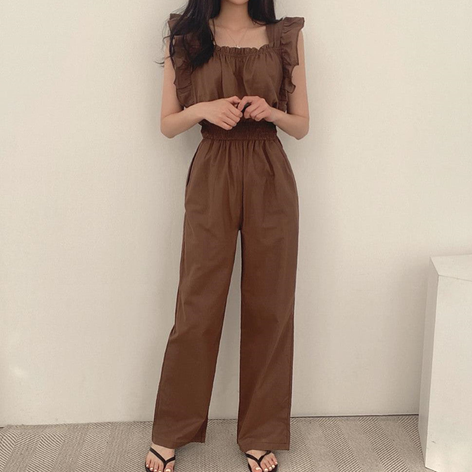 Fransk Retro Jumpsuit Med Firkantet Halsudskæring, Flæser, Flæseærmer, Elastik I Taljen Og Højtaljede Vide Ben Til Kvinder