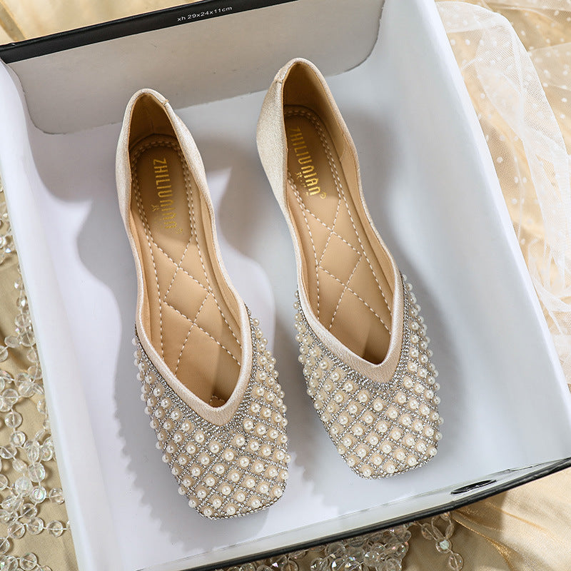 Pearl Water Diamond Square Head Shallow Mouth Single Shoes For Women