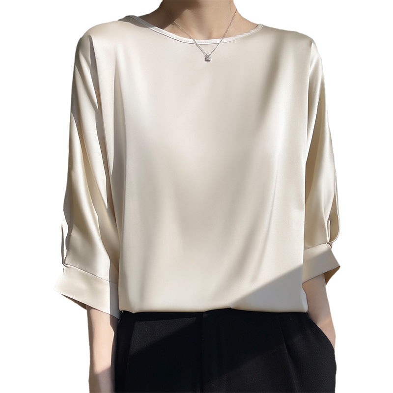 Dame Rund Hals Morbærsilke Løs Satin Kort Is-silke T-shirt Top
