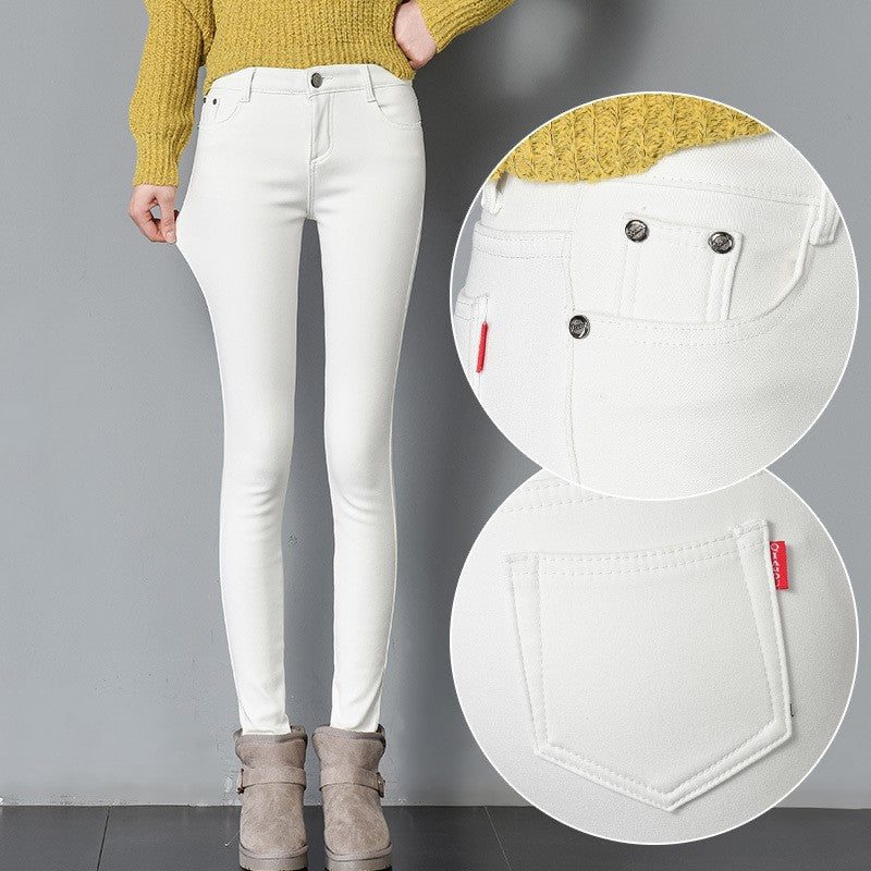 Thick pencil outer wear denim and long plus velvet boots