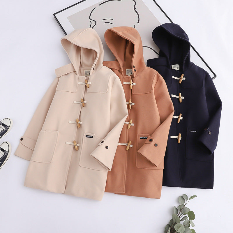 Retro Horn Button Hooded Woolen Coat