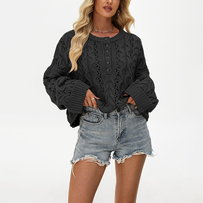 Loose Solid Color Pullover Short Knitted Button Sweater