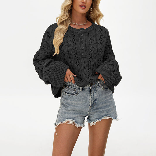 Loose Solid Color Pullover Short Knitted Button Sweater