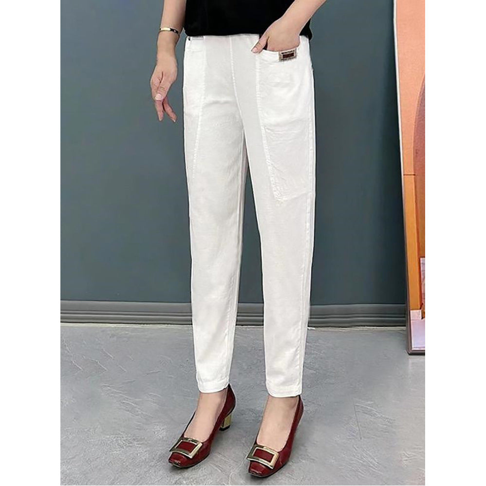 Women's Washed Cotton Summer Stretch Fashion Elastic Waist Cropped Pants