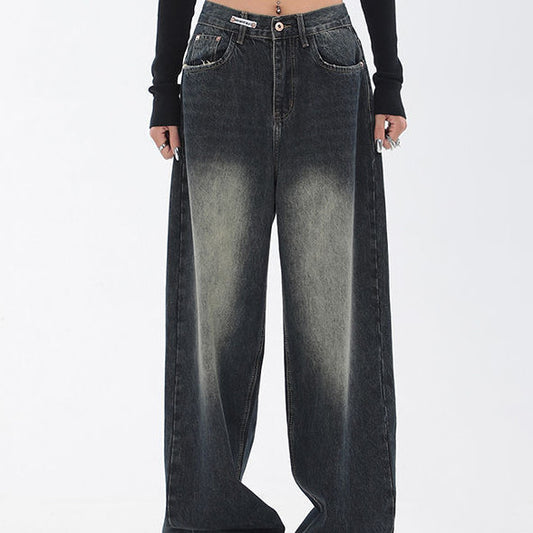 Patch Straight Jeans Women's High Street Retro High Waist