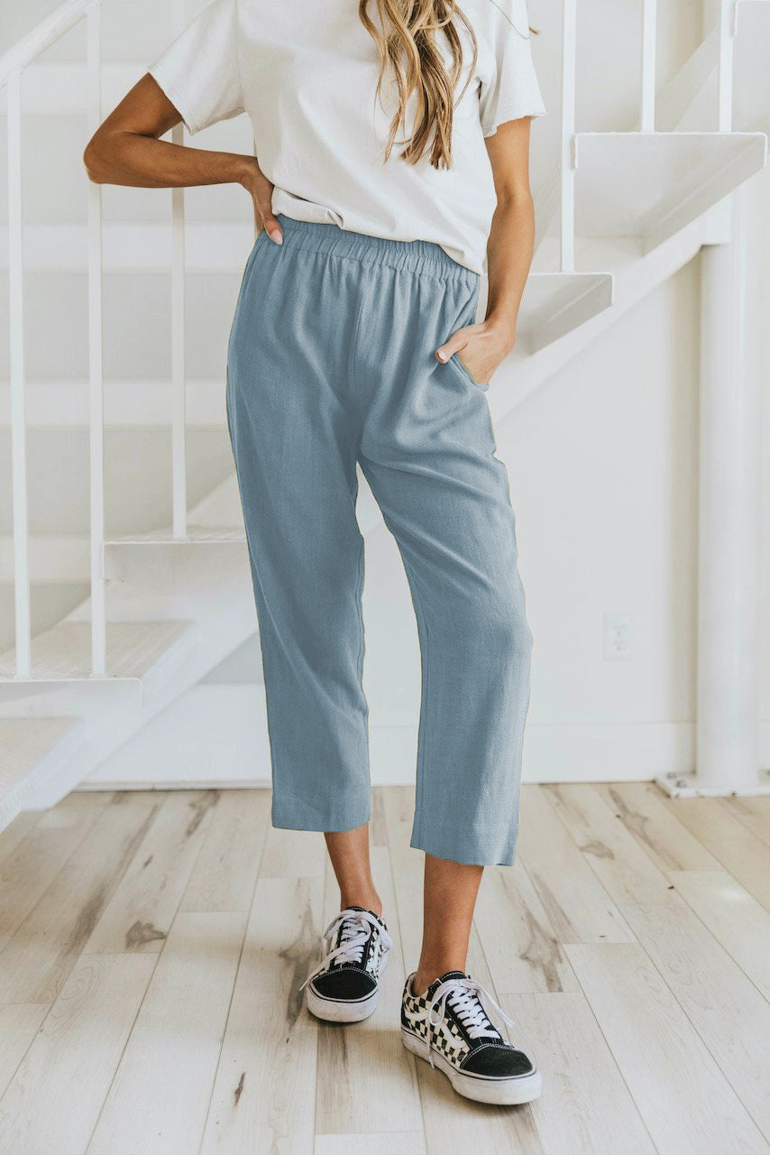 Solid Color Casual Elasticated High-waist Cropped Trousers