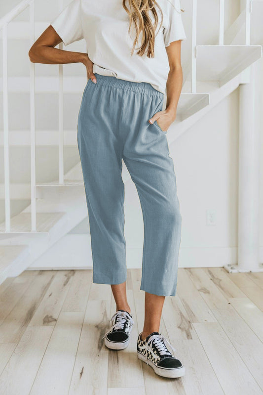 Solid Color Casual Elasticated High-waist Cropped Trousers