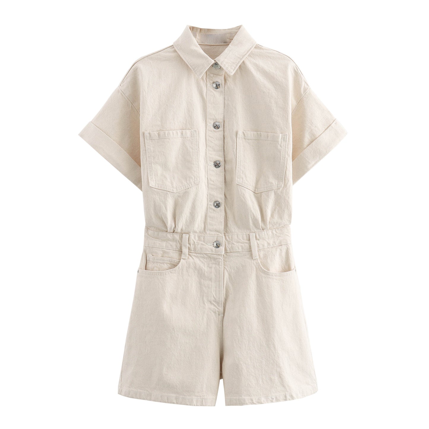 Lapel Multi-color Short Sleeve Denim Jumpsuit