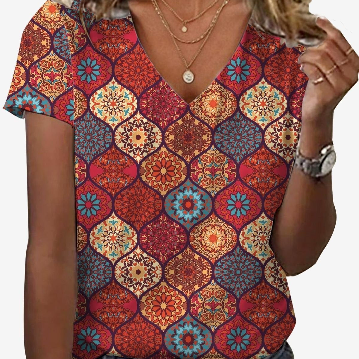 V-neck Short-sleeve 3D Digital-print Loose T-shirt Top