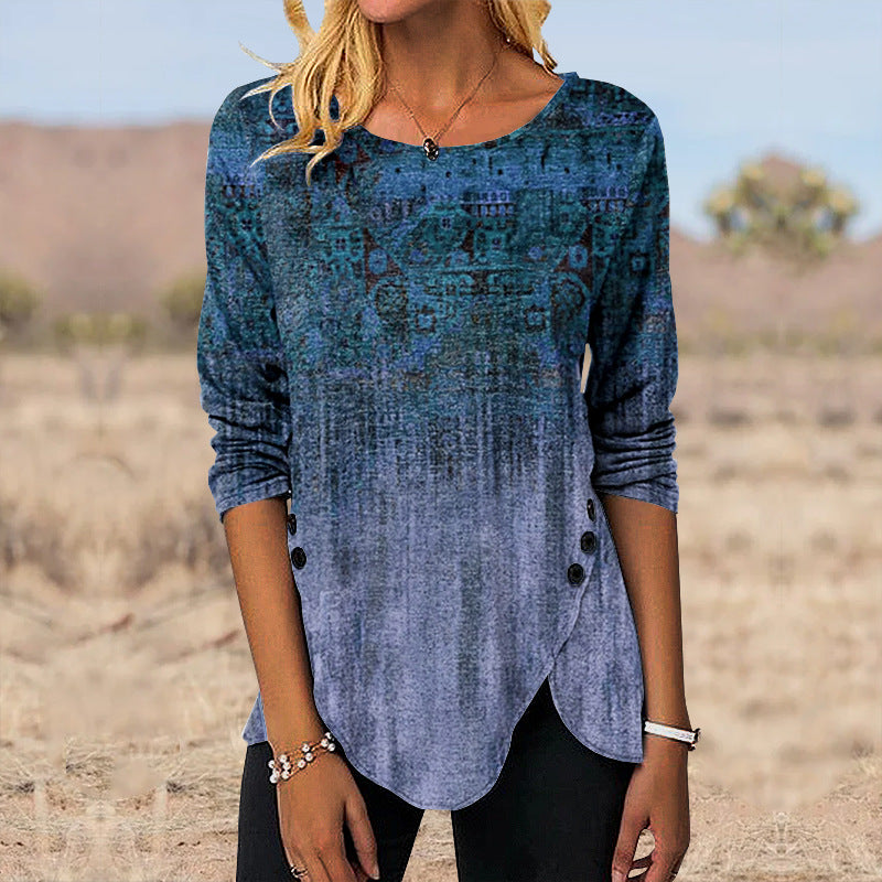 Digital Retro Printed Button Irregular Hem Round Neck Long Sleeve 3D