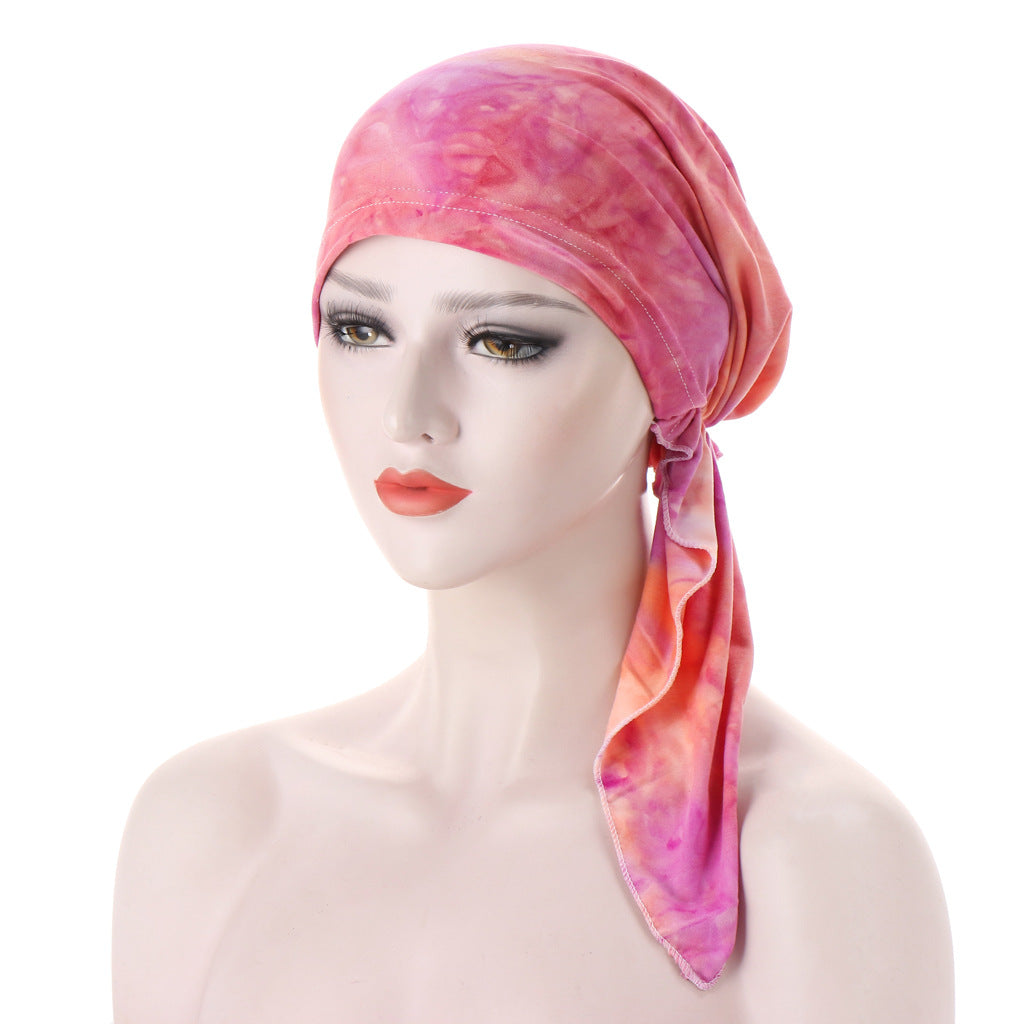 Curved Floral Fabric Two-tail Tie-dye Headscarf