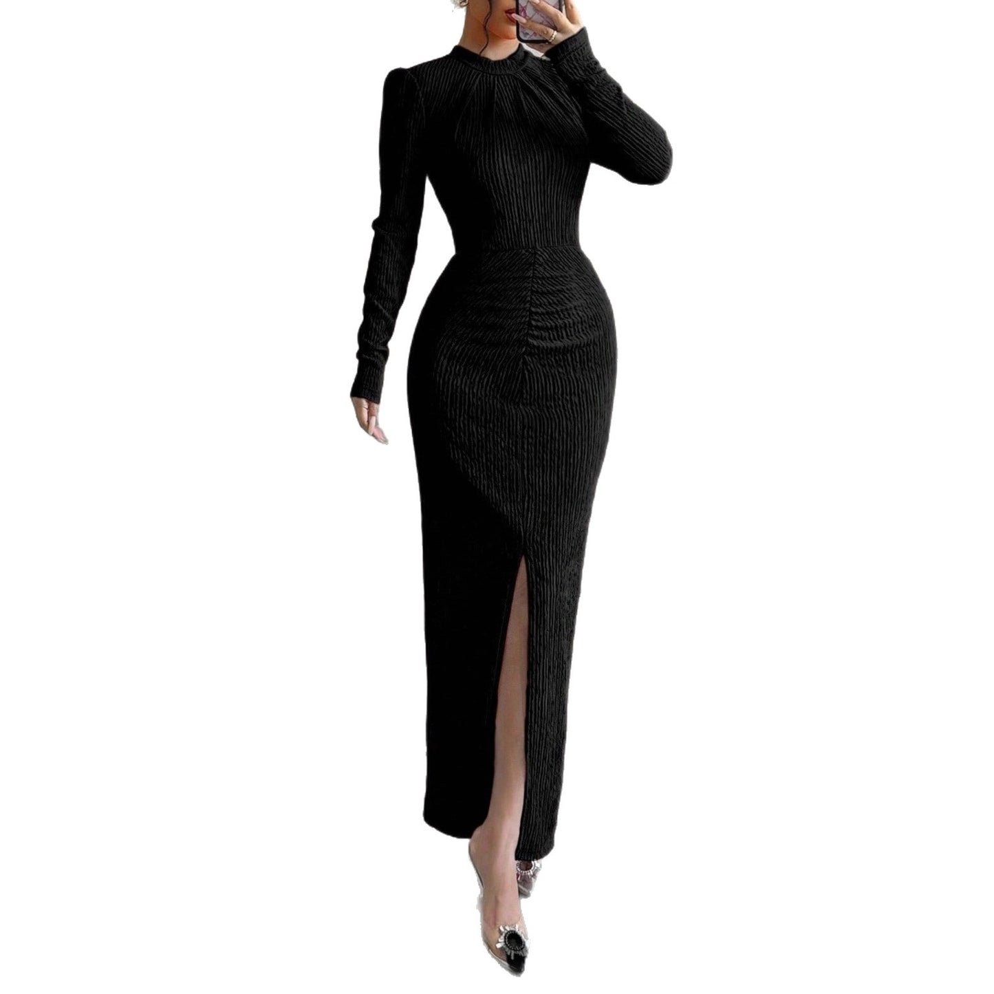 Round-neck Fitted-waist Sheath Dress With A Slit