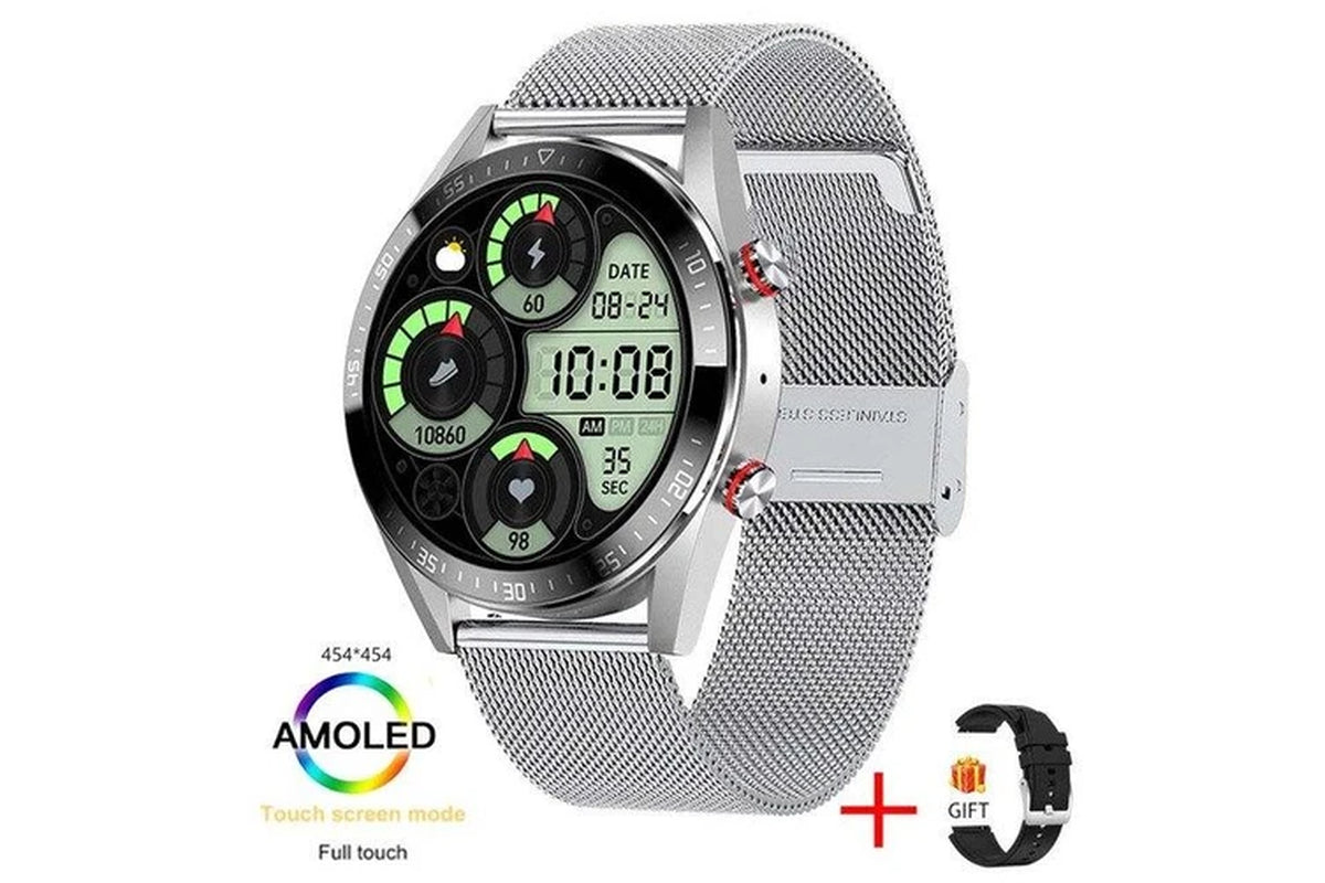 454*454 AMOLED Screen Smart Watch Always Display the Time Bluetooth Call Local Music Smartwatch for Men Android TWS Earphones - Mesh Belt Silver