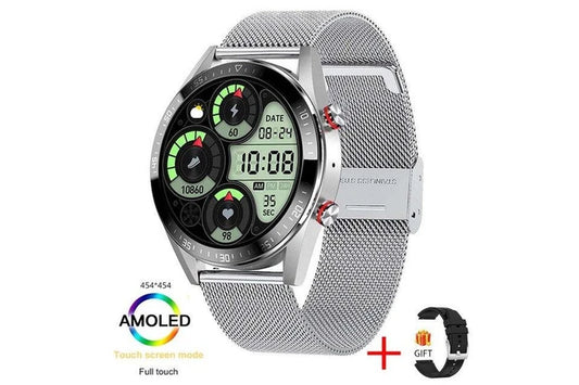 454*454 AMOLED Screen Smart Watch Always Display the Time Bluetooth Call Local Music Smartwatch for Men Android TWS Earphones - Mesh Belt Silver