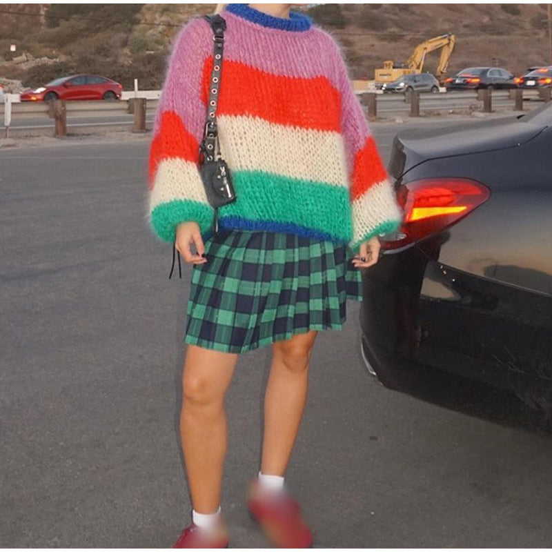 Round Neck Multicolor Lantern Sleeve Sweater Autumn And Winter