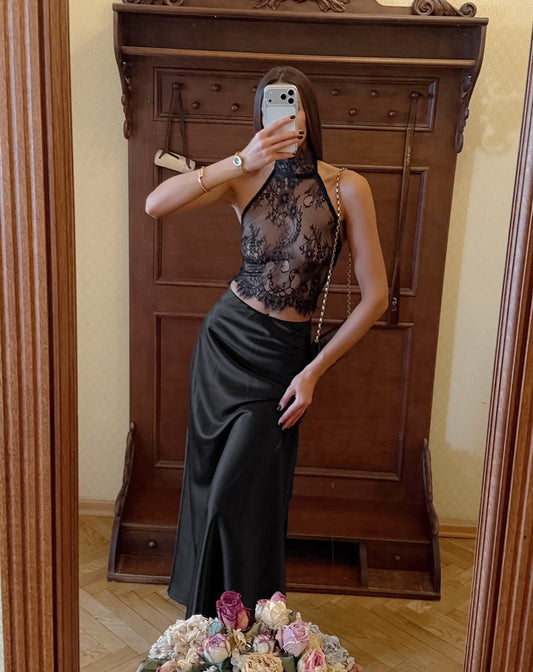 Black Lace Sheer Halter Top And Satin High-waisted Skirt Two-piece Set