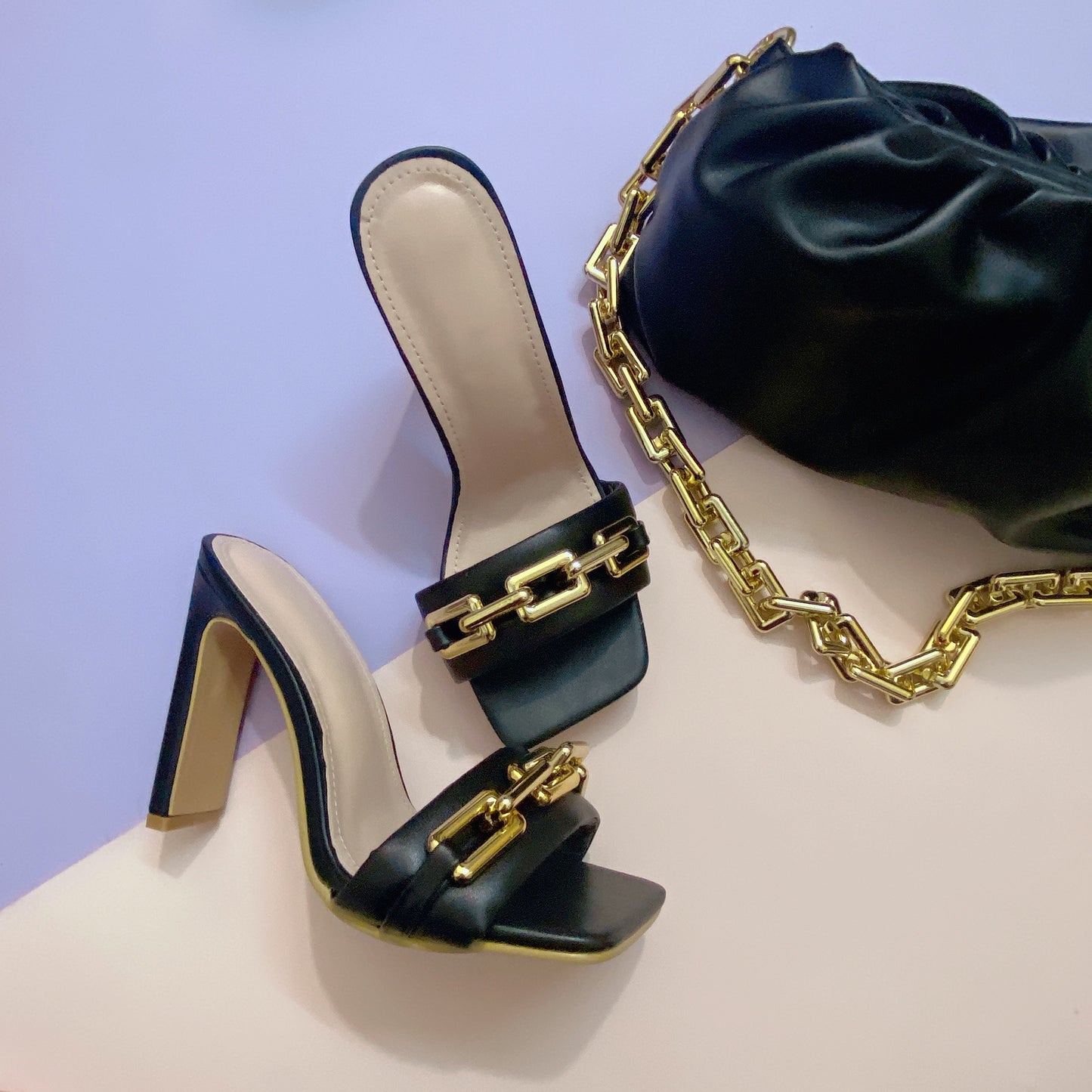 Sandals And Slippers Fashion Square Chain High Heel