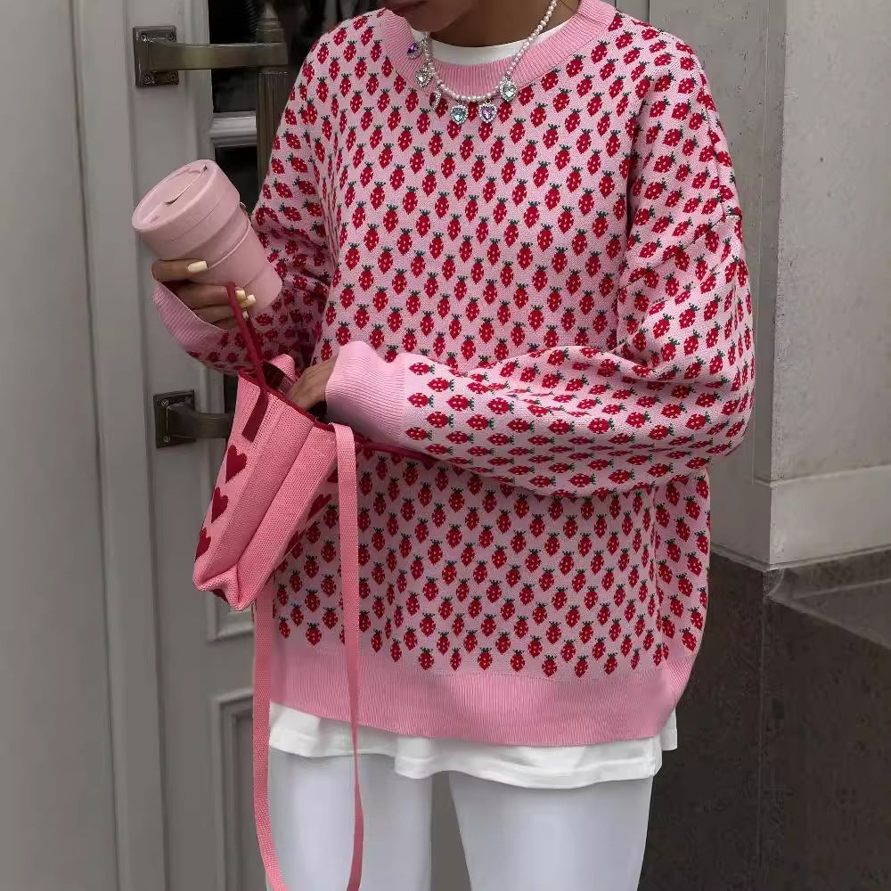 Leisure Pullover Strawberry Embroidery Contrast Color