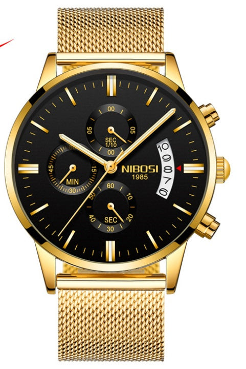 Solid steel belt men's watch waterproof coated glass luminous three-eye 6-pin quartz watch