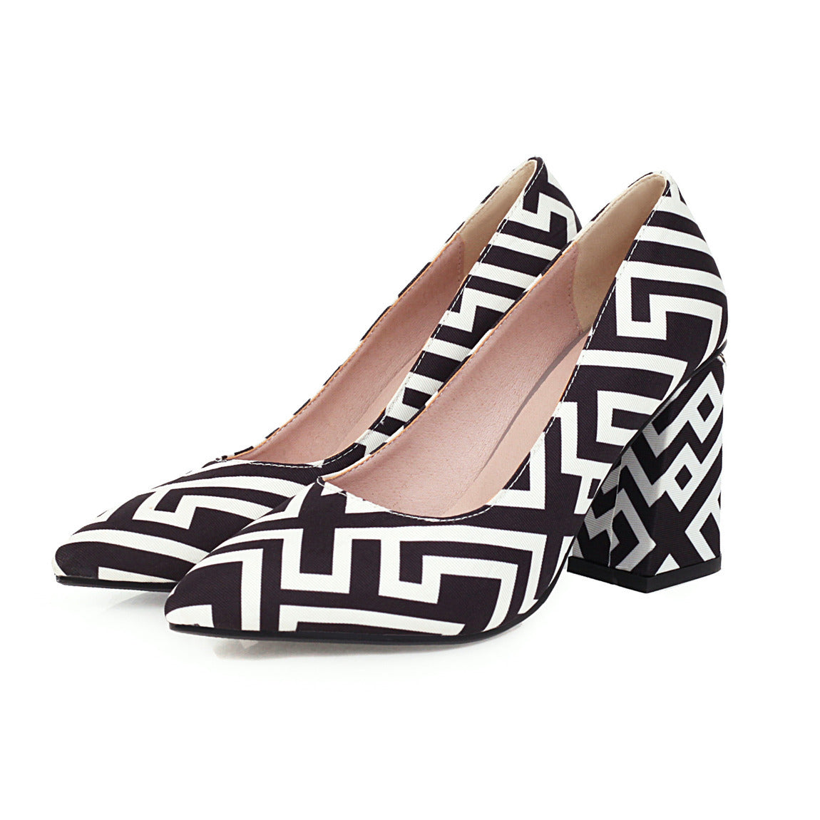 Printed Single Shoes with Light Pointed Toes and Thick Heels