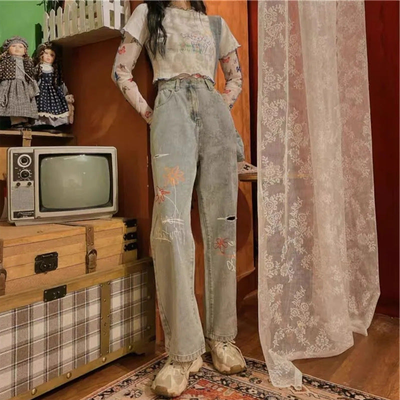 Retro Print Thin Loose High Waist Slim Straight Wide Leg Pants