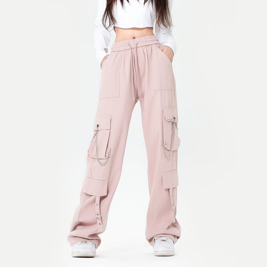 Men's And Women's Pink Zipper Decorations Loose Cool Hot Girl Overalls
