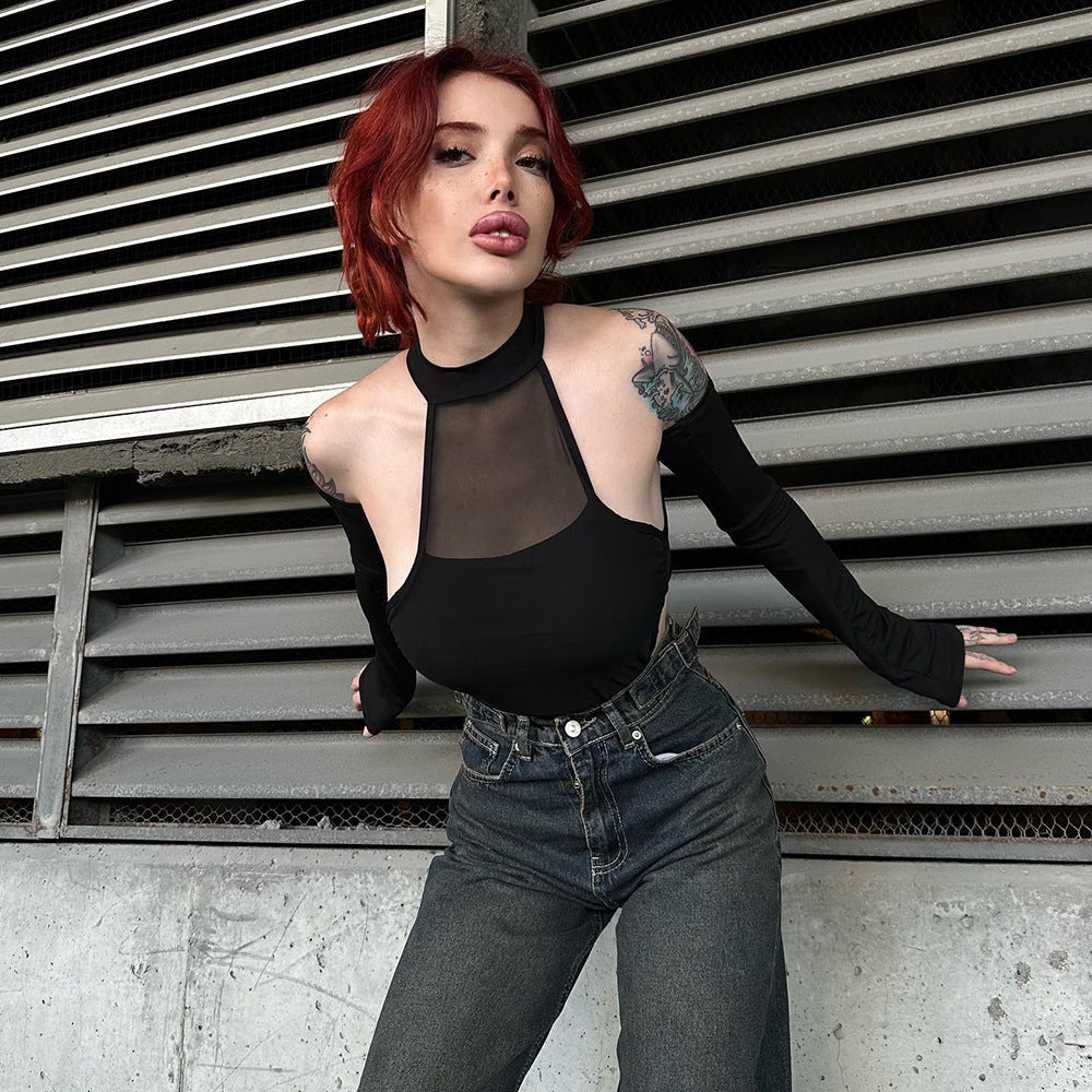 Long Sleeve Crotch Mesh Hollow High Elastic One-piece Women's Top