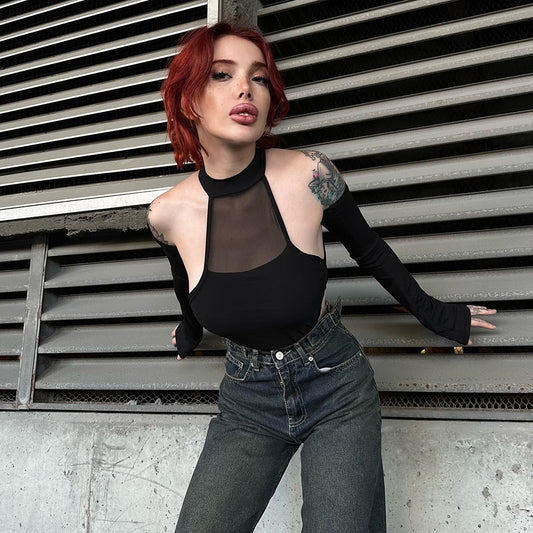 Long Sleeve Crotch Mesh Hollow High Elastic One-piece Women's Top