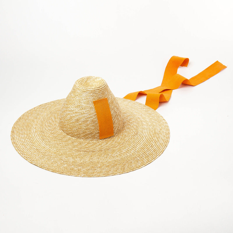 Women's Outdoor High Top With Straps Hand-knitted Straw Hat With Large Eaves