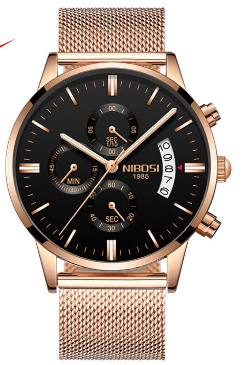 Solid steel belt men's watch waterproof coated glass luminous three-eye 6-pin quartz watch