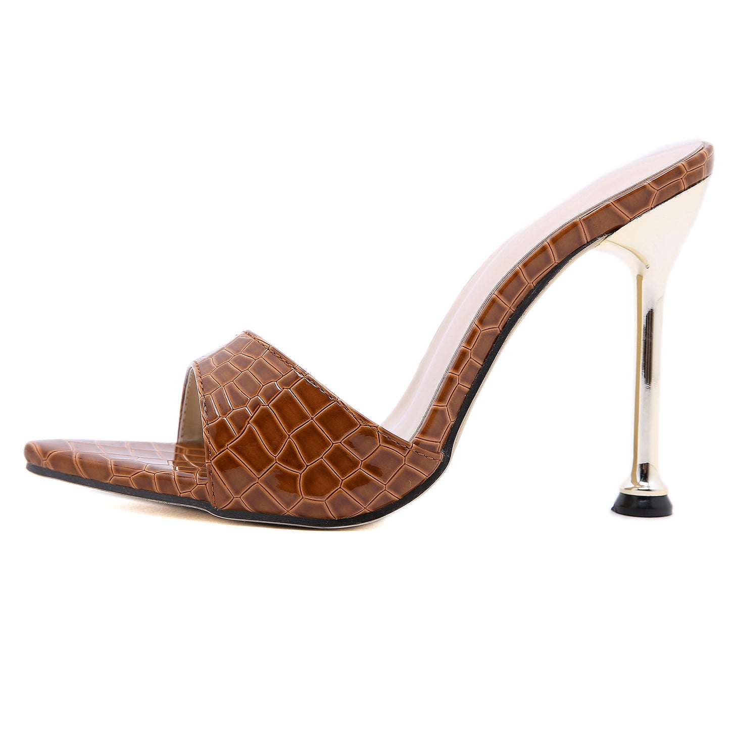 Super High Heel Metal Pointed Fish Mouth Snake Print Sandals