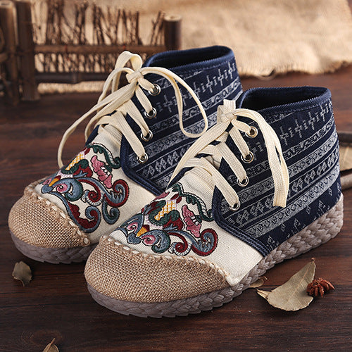 Ethnic Style Embroidered Shoes Lace-up Flat-heel Women's Shoes
