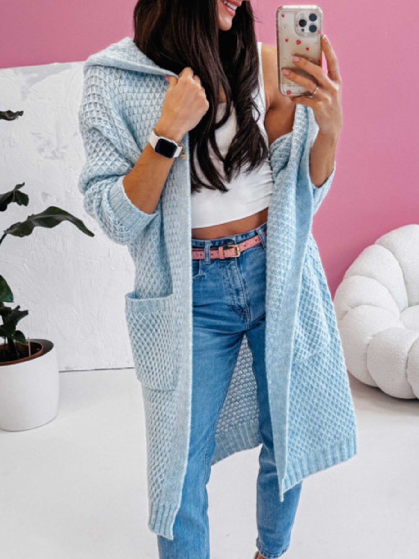 Loose Hooded Long Pocket Knitted Cardigan Jacket