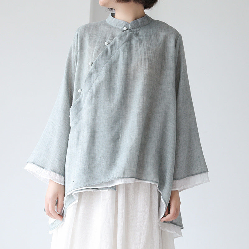 Solid Color Stand Collar Slanted Placket Chinese Style Buttoned Long Sleeves