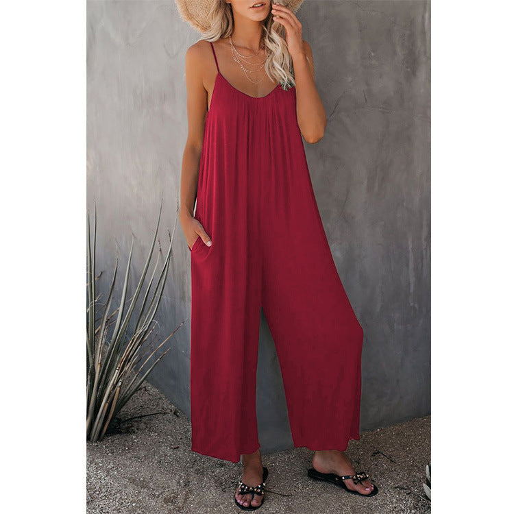 Summer New Solid Color Slip Pocket Casual Jumpsuit